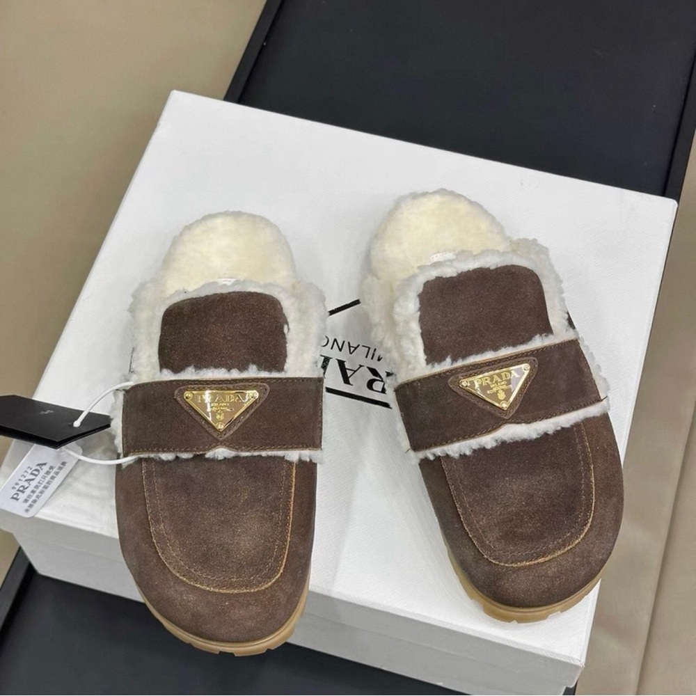 Prada Brown Shearling Platform Shoes